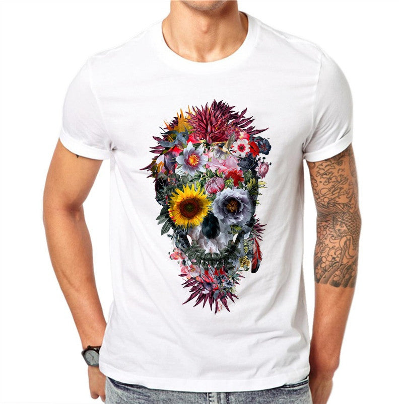 100% Cotton Men Fashion Voodoo Skull Design Short Sleeve Casual Exquisite Flower Skull Printed Tee - BEARD CLIQUE